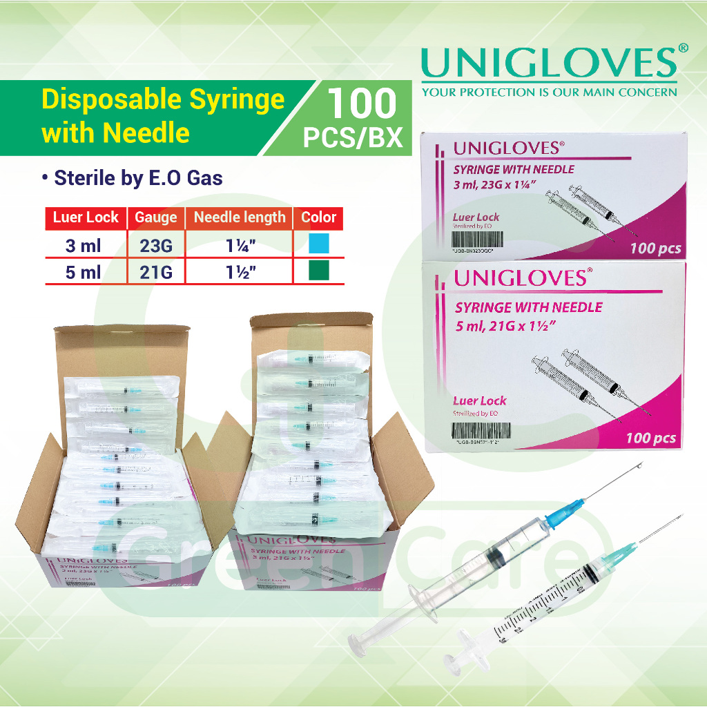 Unigloves Disposable Syringe Luer Lock with Needle (100pcs/box) (3ml ...