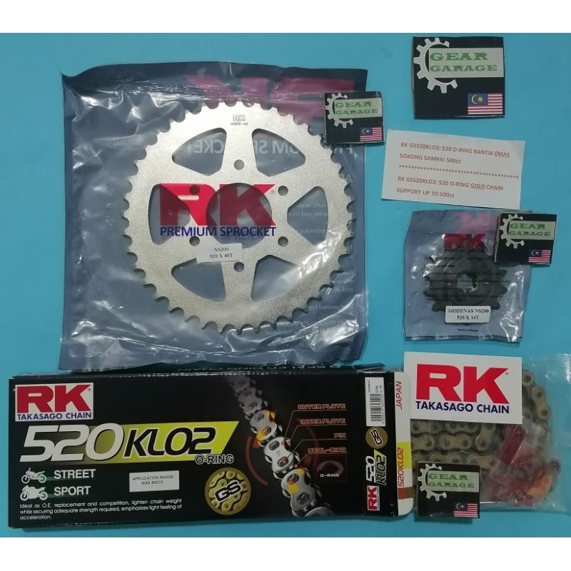 Modenas Pulsar NS200/RS200 / RK Sprocket Set 520×1440 + RK GOLD ORing