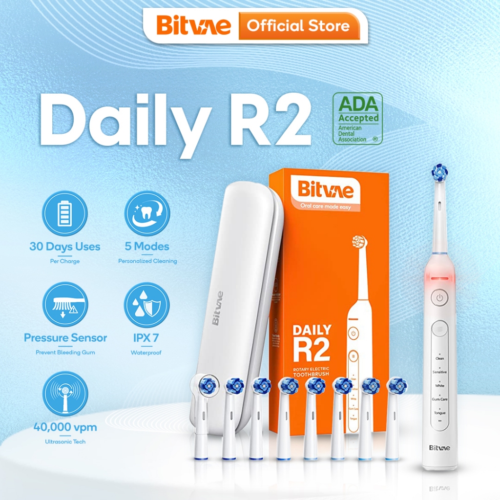 Bitvae R2 Rechargeable With 5 Modes Rotating Electric Toothbrush With Travel Case 8 Heads 