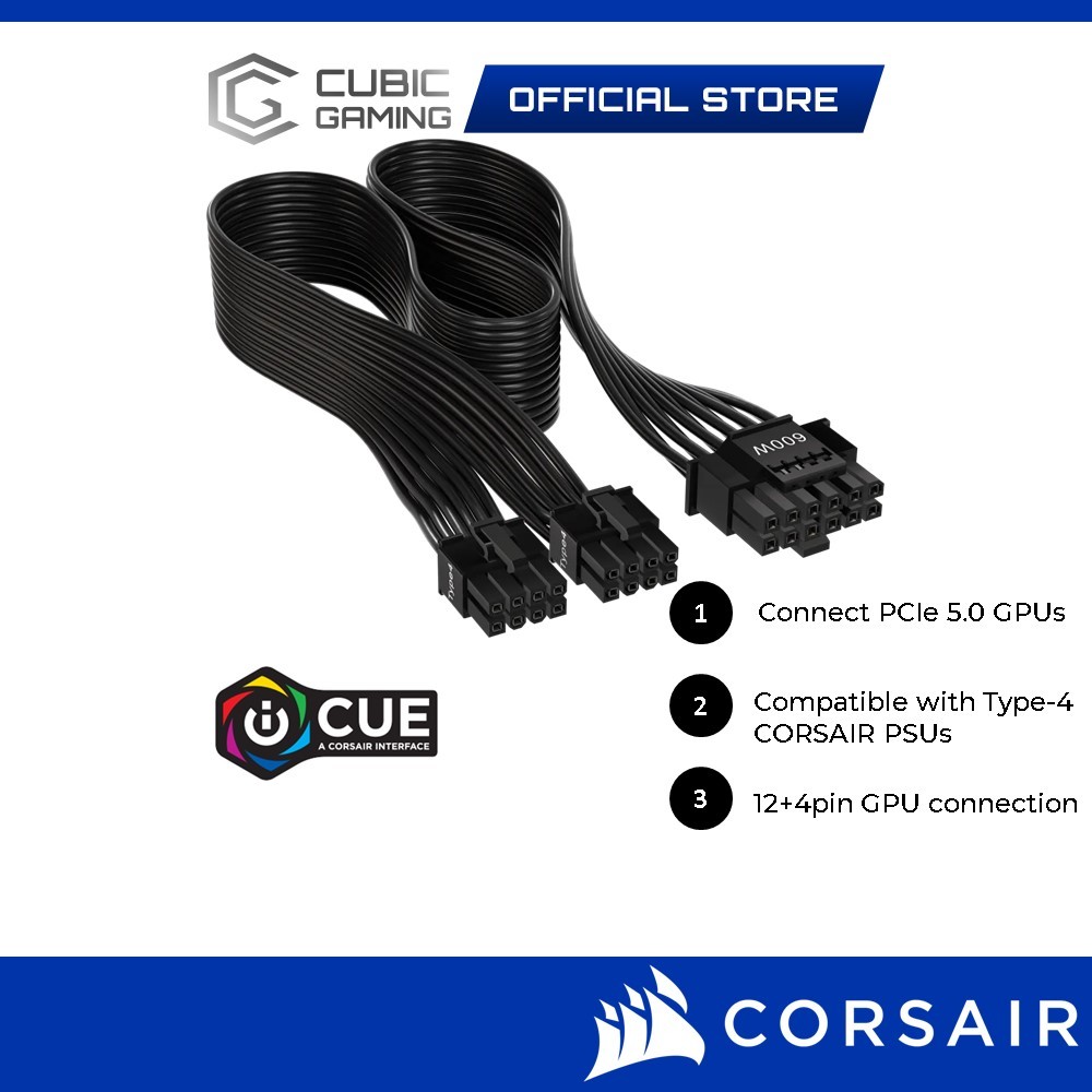 Corsair 600W PCIe 5.0 12VHPWR Type4 PSU Power Cable (Premium Individually Sleeved/ Flat Ribbon