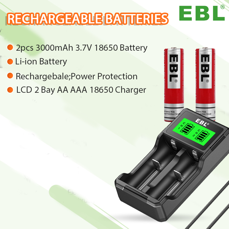 EBL 2pcs 18650 Battery 3000mah 3.7V Li-ion Rechargeable Batteries With ...
