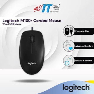 Logitech M100r Wired USB Optical Corded Mouse | Advanced Comfort | Durable | Office Work Mouse - Black (910-006765)