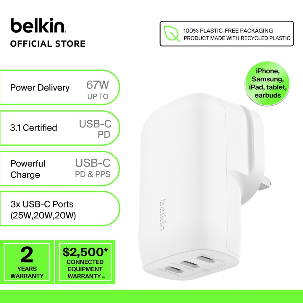 Belkin BOOST CHARGE 67W Charger with 3 USB-C ports, including cable