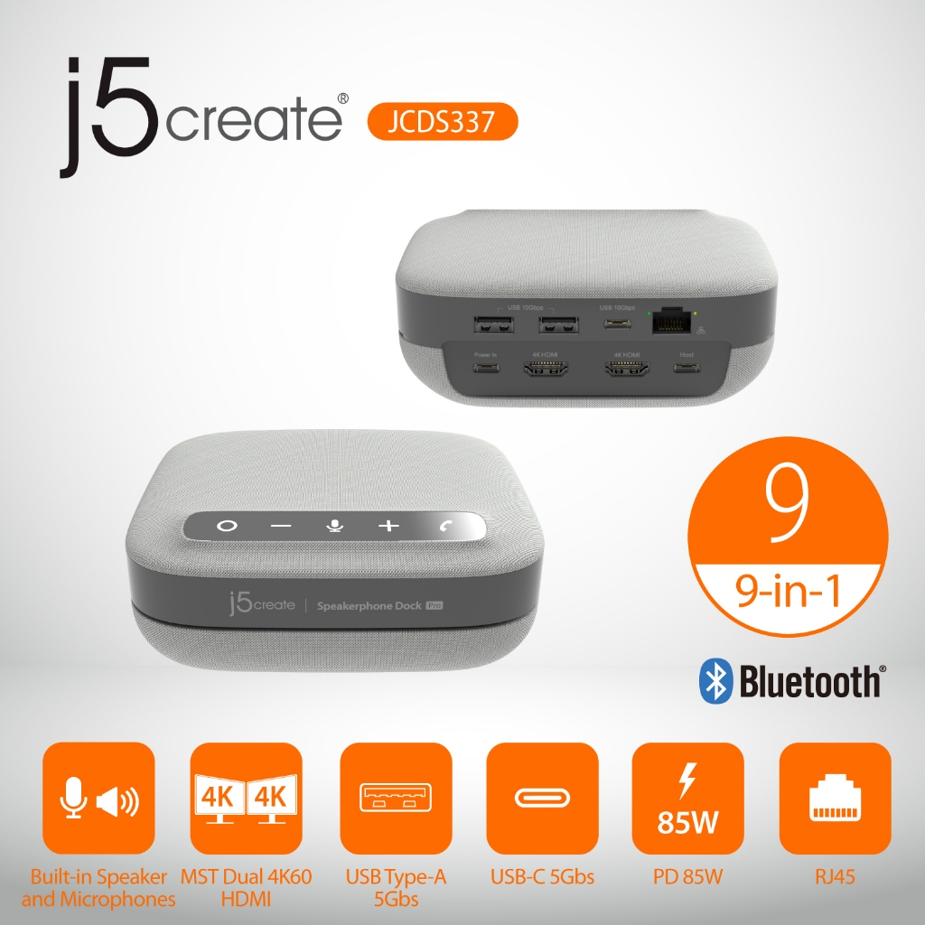 J5create USB-C Dock Pro With Speakerphone - Dual 4K HDMI, Gigabit Ethernet, 85W Charging For Laptop, Zoom, Teams