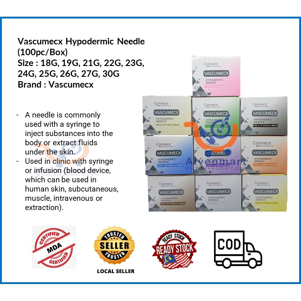 Vascumecx Hypodermic Needle Size 18G, 19G, 21G, 22G, 23G, 24G, 25G, 26G ...