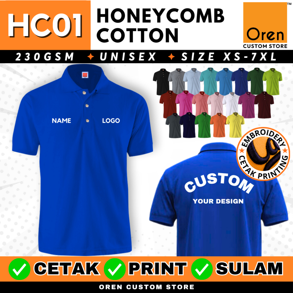 CUSTOM Polo T-shirt Printing Sulam Oren Sport Cetak Baju Collar Cotton ...