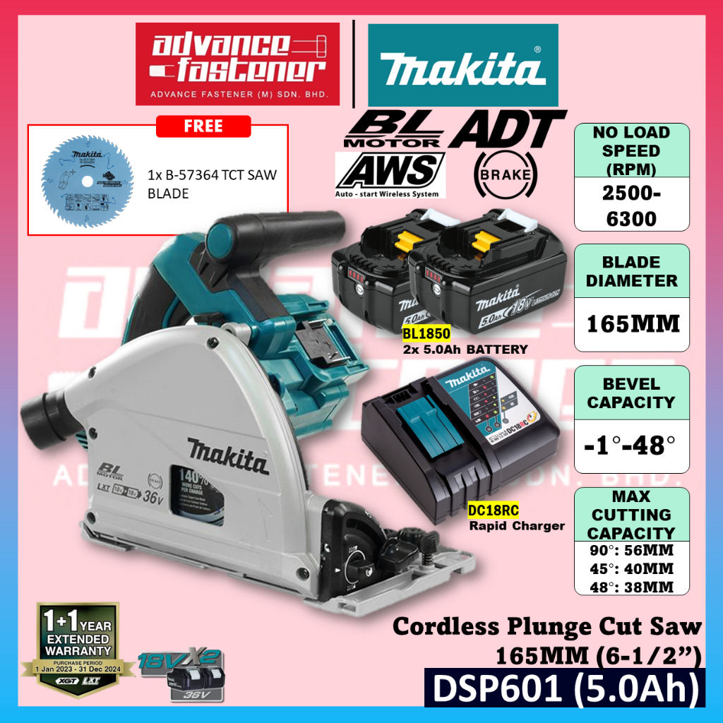 Makita DSP601 / DSP601Z 18Vx2 Cordless Plunge Cut Saw 165MM (6-1/2 ...