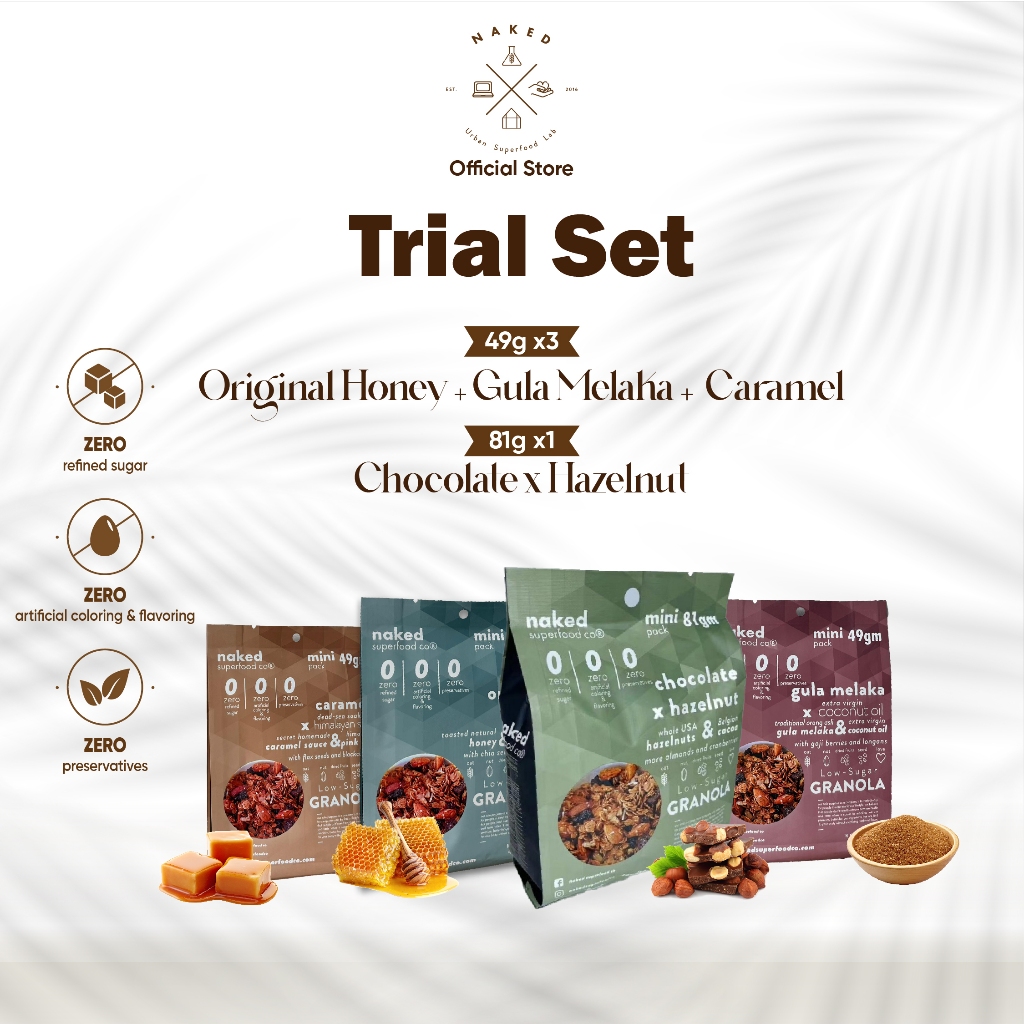 Trial Set Naked Superfood Co Pouch Low Sugar Granola Caramel Gula Melaka Original