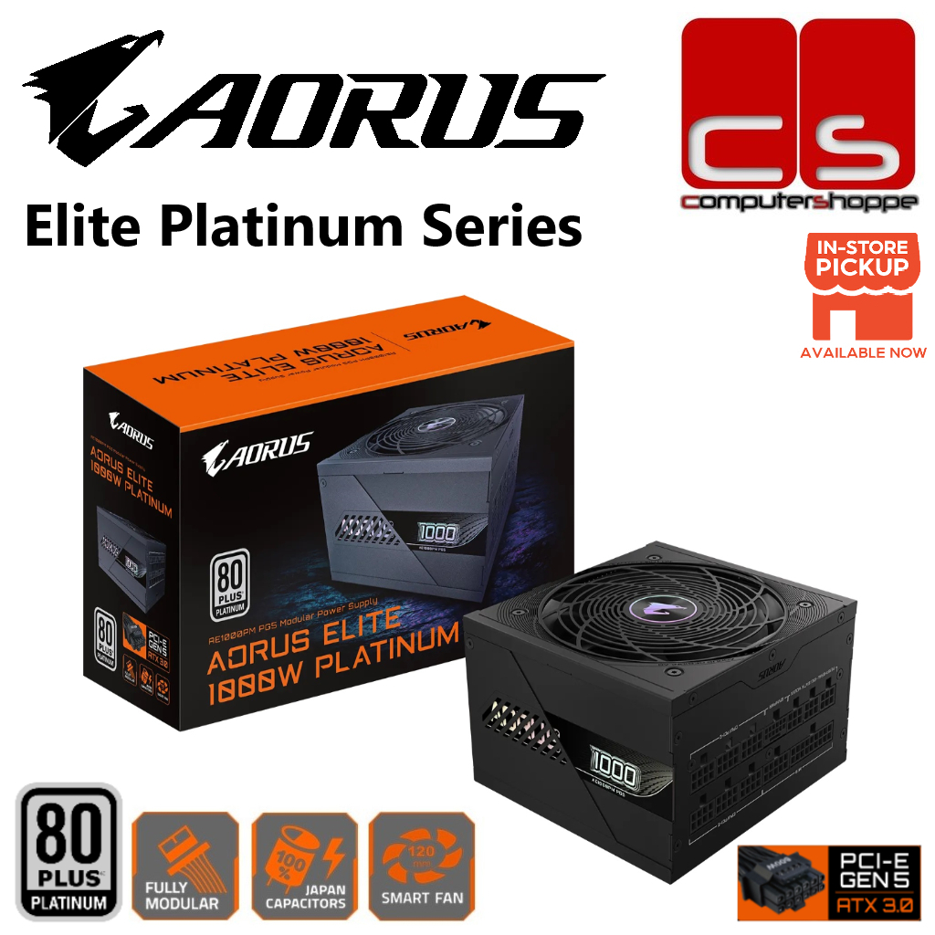 Alimentation PC GIGABYTE AORUS Elite P1000W Ice – 80 Plus Platinum, Modulaire, PCIe 5.0, Ventilateur 120mm, Garantie 10 Ans