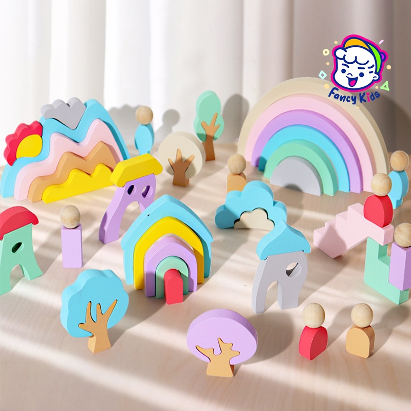 44Pcs Wood Rainbow Stacking Toy/Kids Wooden Building Block Set/Open ...