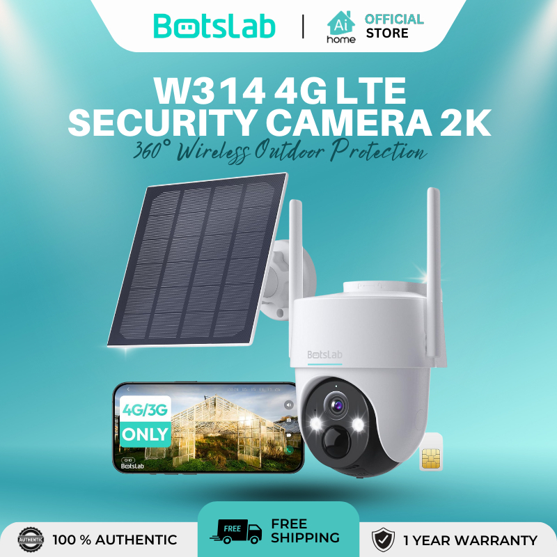 BOTSLAB W314 4G LTE Security Camera 2K Solar Powered 360° View Human ...