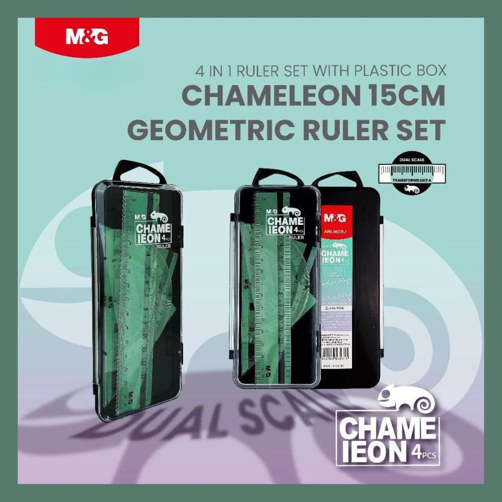 M&G Chameleon Dual Scale Geometry Ruler Set in Sleek Plastic Box 4pcs ...