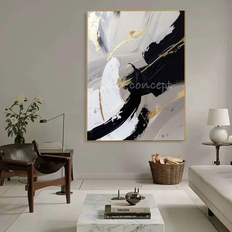 (with framed) Modern minimalist black and white abstract art wall ...