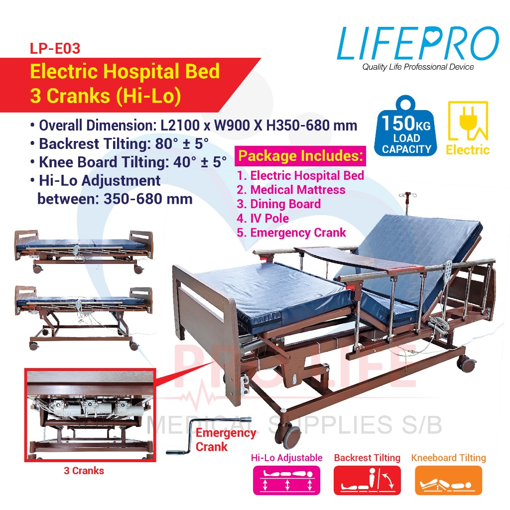 LIFEPRO 3 Cranks Electric Hospital Bed - Adjustable Backrest, Kneeboard ...
