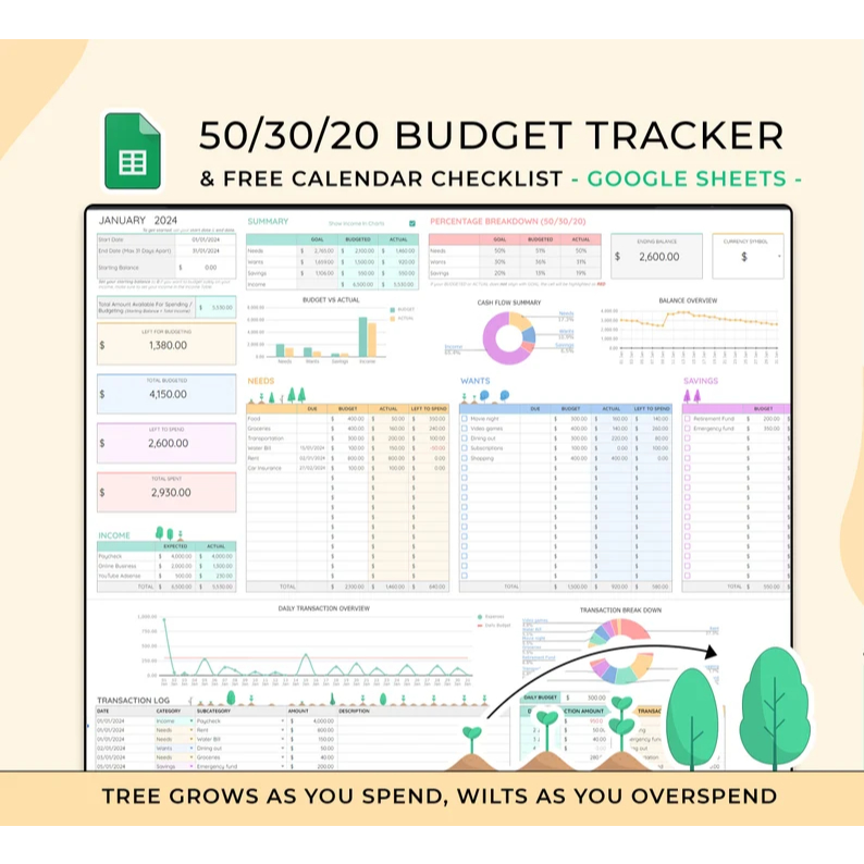 50/30/20 Budget Tracker, Monthly Budget Spreadsheet, Google Sheets ...