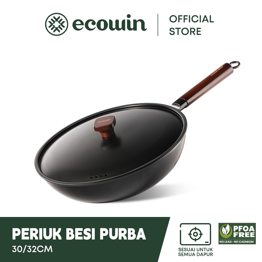 Ecowin Cookware Ingenuity Series Pure Iron Wok (30/32cm) Deep Fry Pan ...