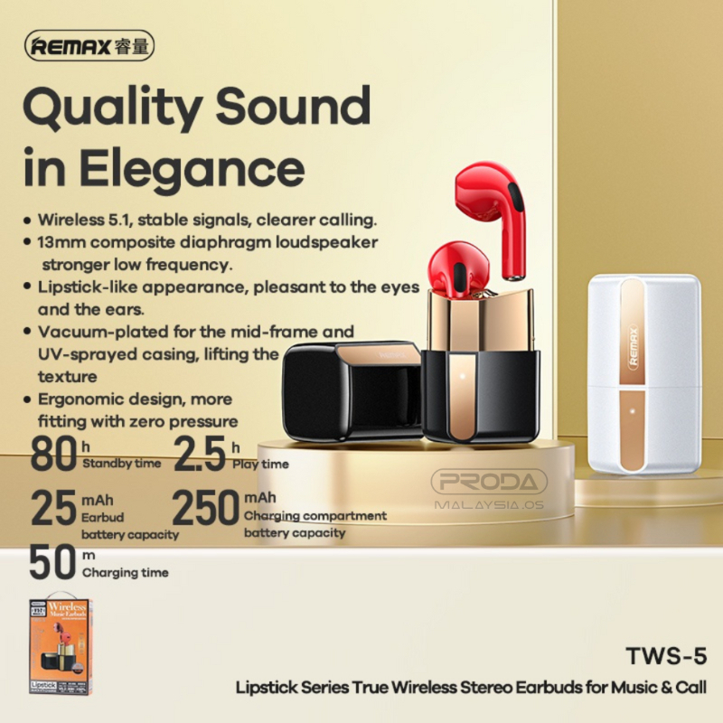 REMAX TWS Earbud Wireless Earbuds Lipstick Design Wireless Earbuds ...