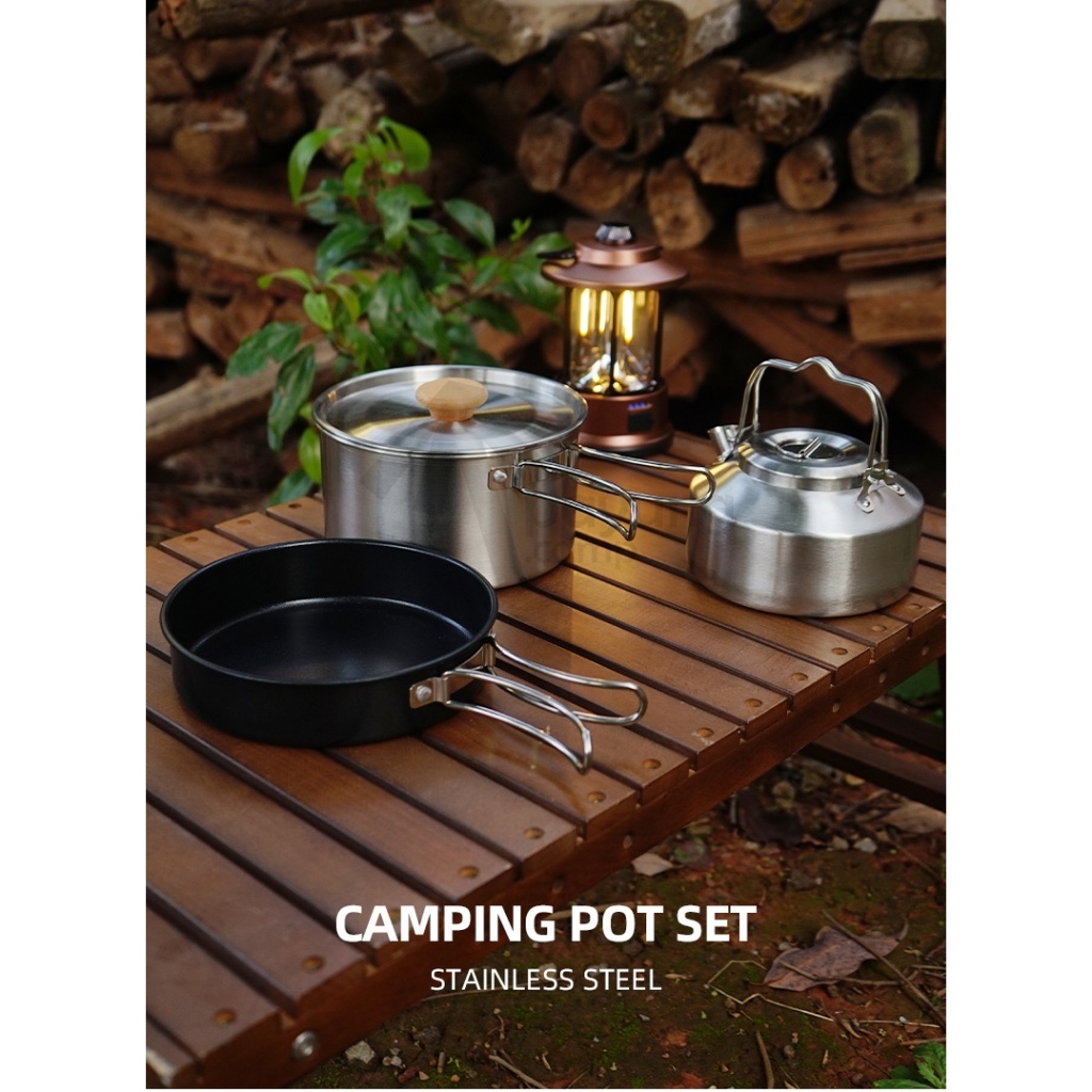 CLS 4-Piece Set Stainless Steel Cookware Camping Pot Set with Wooden ...