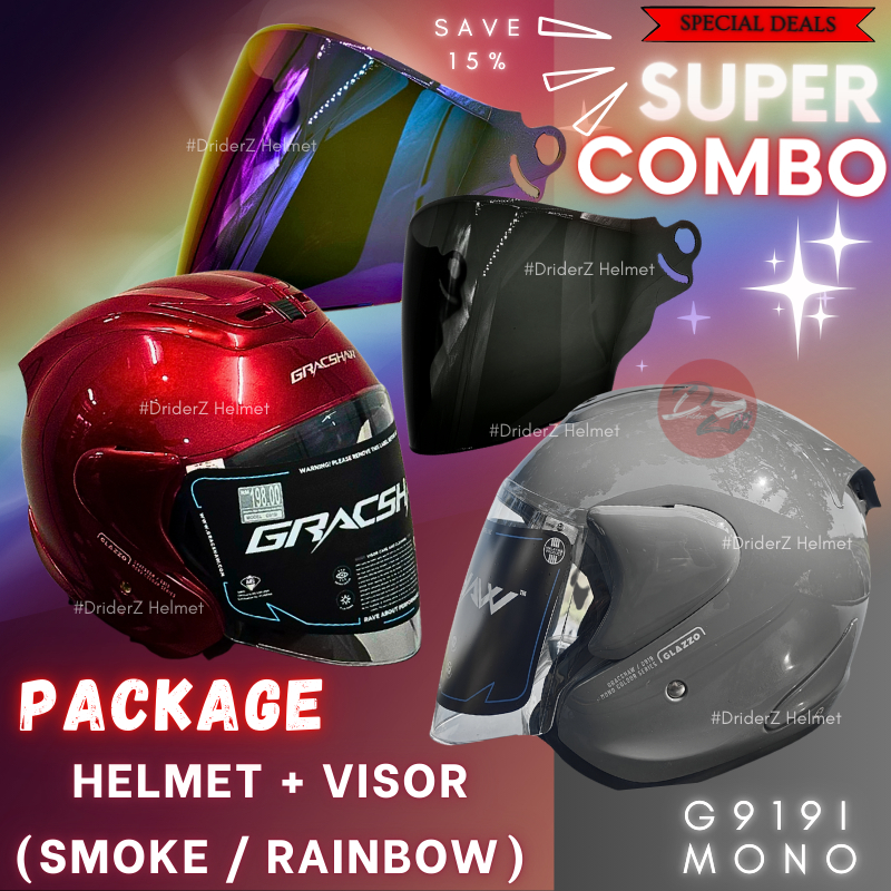 Super Combo) Gracshaw G919i Glazzo Mono Plain Colour Helmet SIRIM