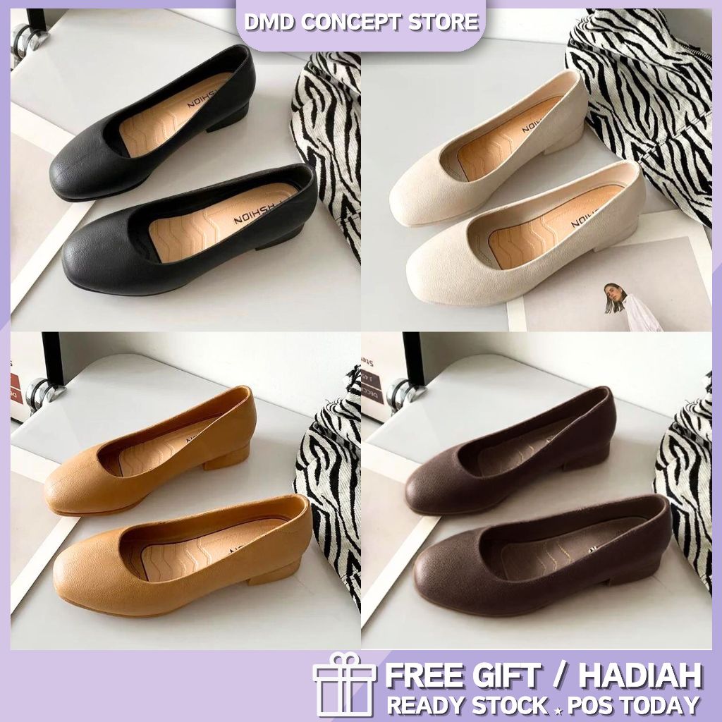 *Women Low Block Heels Shoes Office Lady Hard Surface Shell Kasut ...
