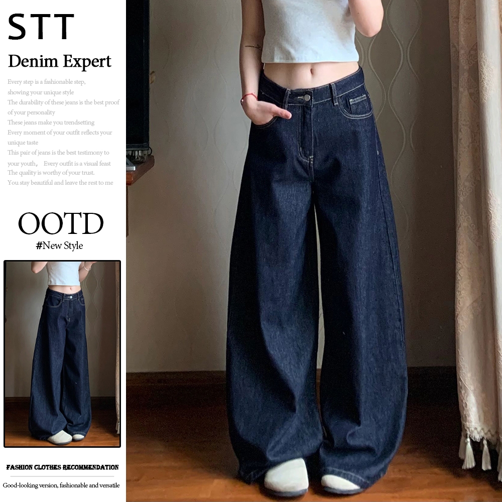 High waist loose pants women's original color jeans Wide leg casual ...