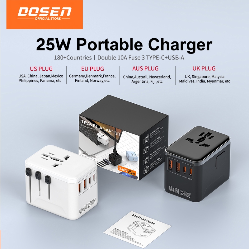 DOSEN Universal Adapter Travel International 25W USB C Adapter Fast Charger QC 3.0 Charger Type C Plug