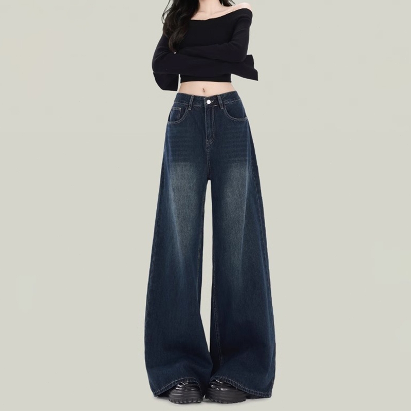 Getadme-American women retro raw edge design straight jeans large size casual women brown mopping trousers baggy jeans women