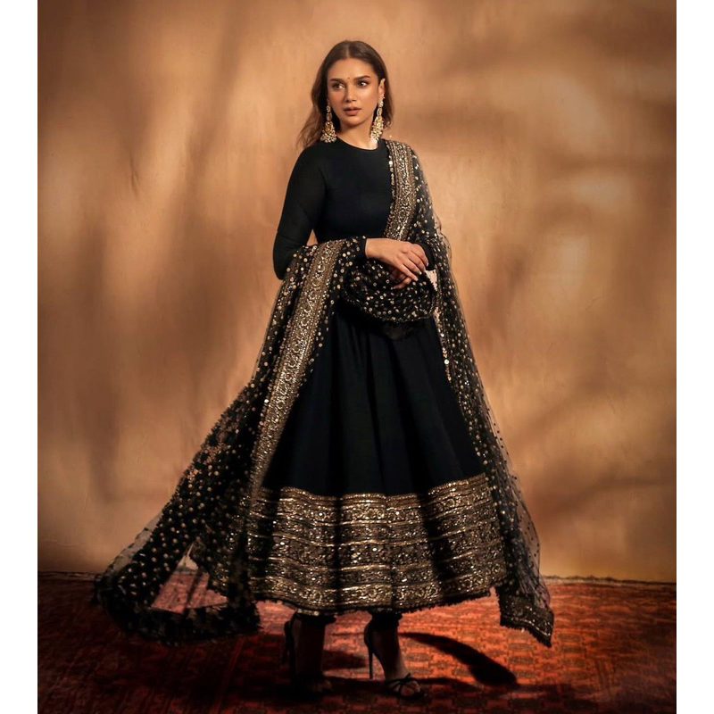 Women's Black Georgette Embroidered Anarkali Kurta Pant With Dupatta
