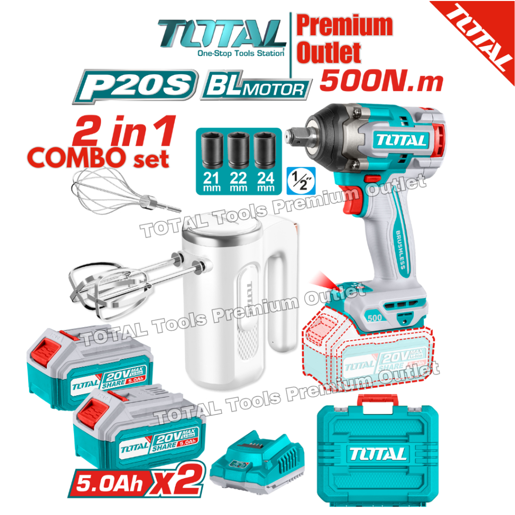 TOTAL Tools 20V series 500Nm Cordless Impact Wrench BL motor+FREE HAND ...