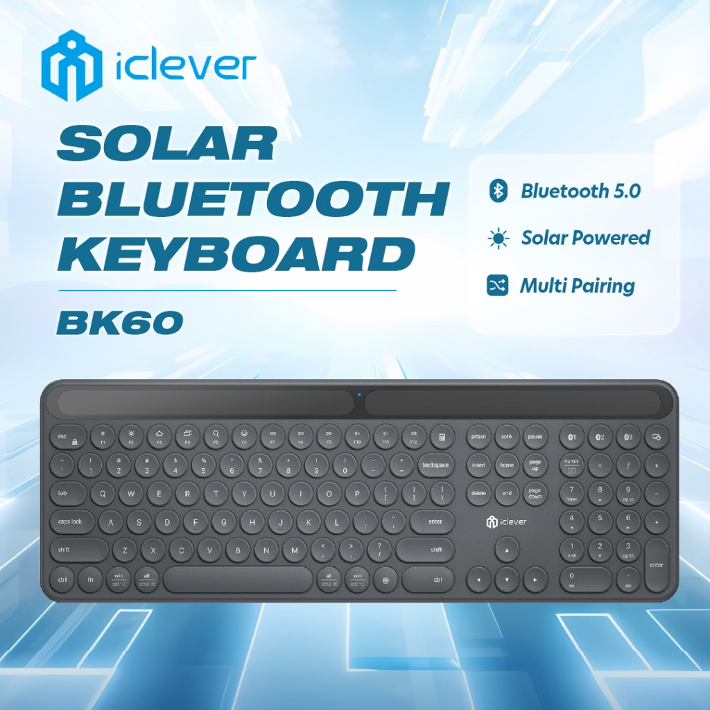 iClever BK60 Solar Bluetooth Keyboard, Wireless Keyboard with Solar ...