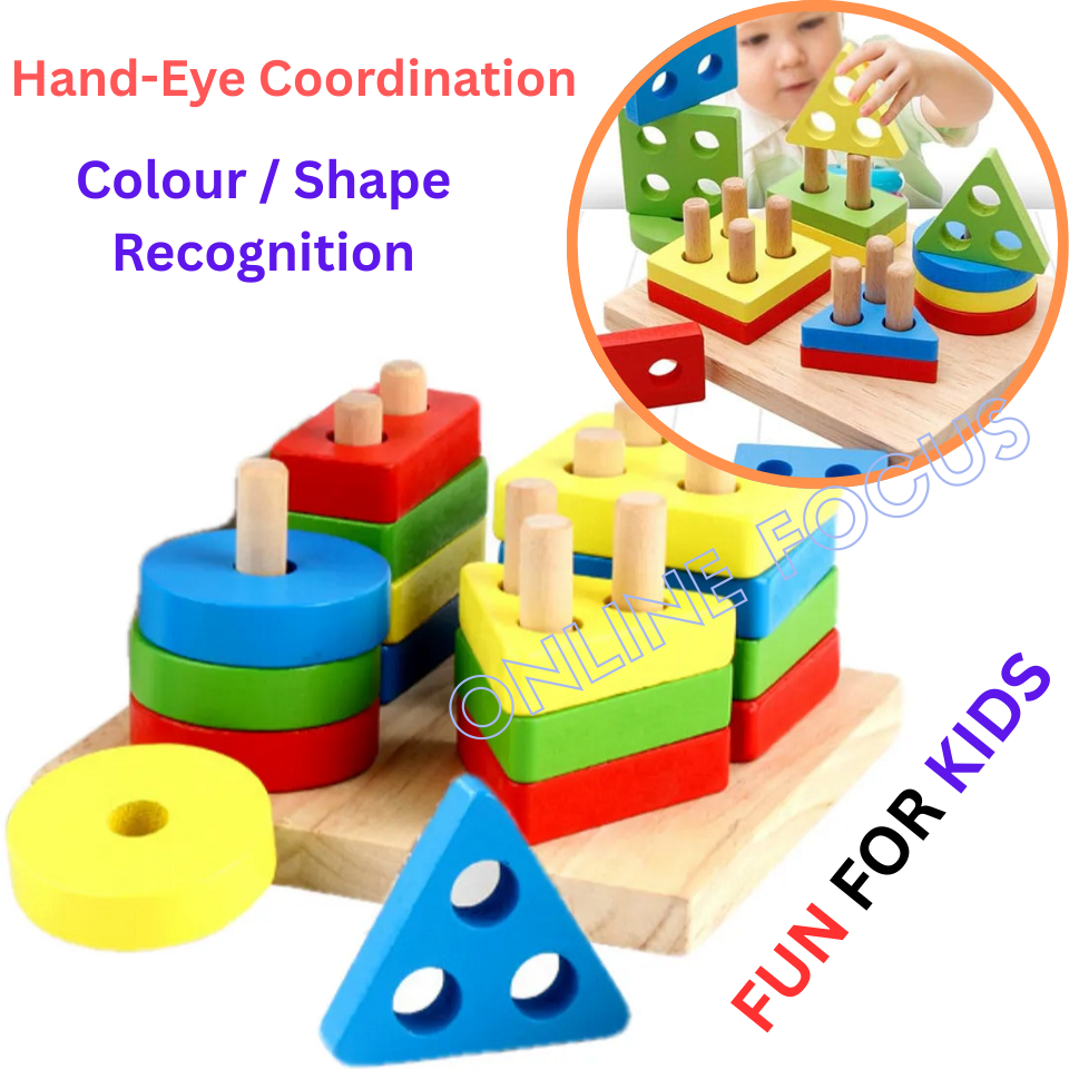 Wooden Shape Sorting & Stacking Puzzle Baby Montessori Toy, Mainan ...