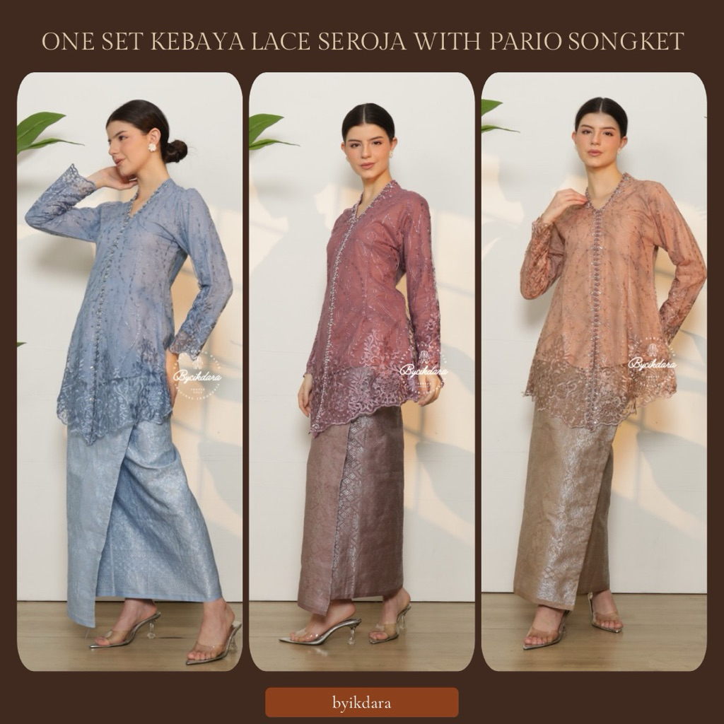 (ONE SET) Bycikdara Kebaya Lace Seroja Set Skirt Pario Songket | Set ...