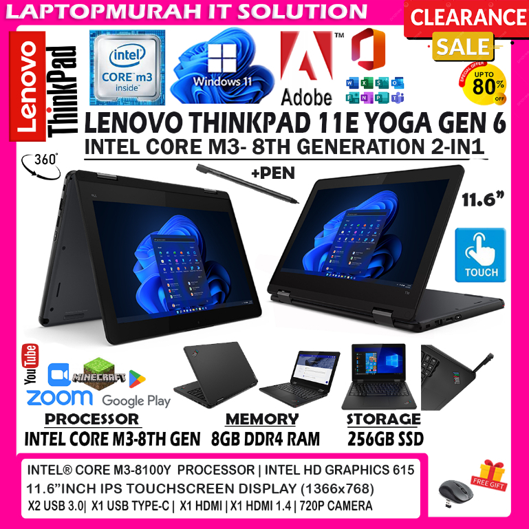LENOVO THINKPAD 11E YOGA -TOUCHSCREEN 2-IN1- FLIP 360 -INTEL CORE M3-8TH  GEN WITH PEN 8GB RAM 256GB SSD /WIN11PRO