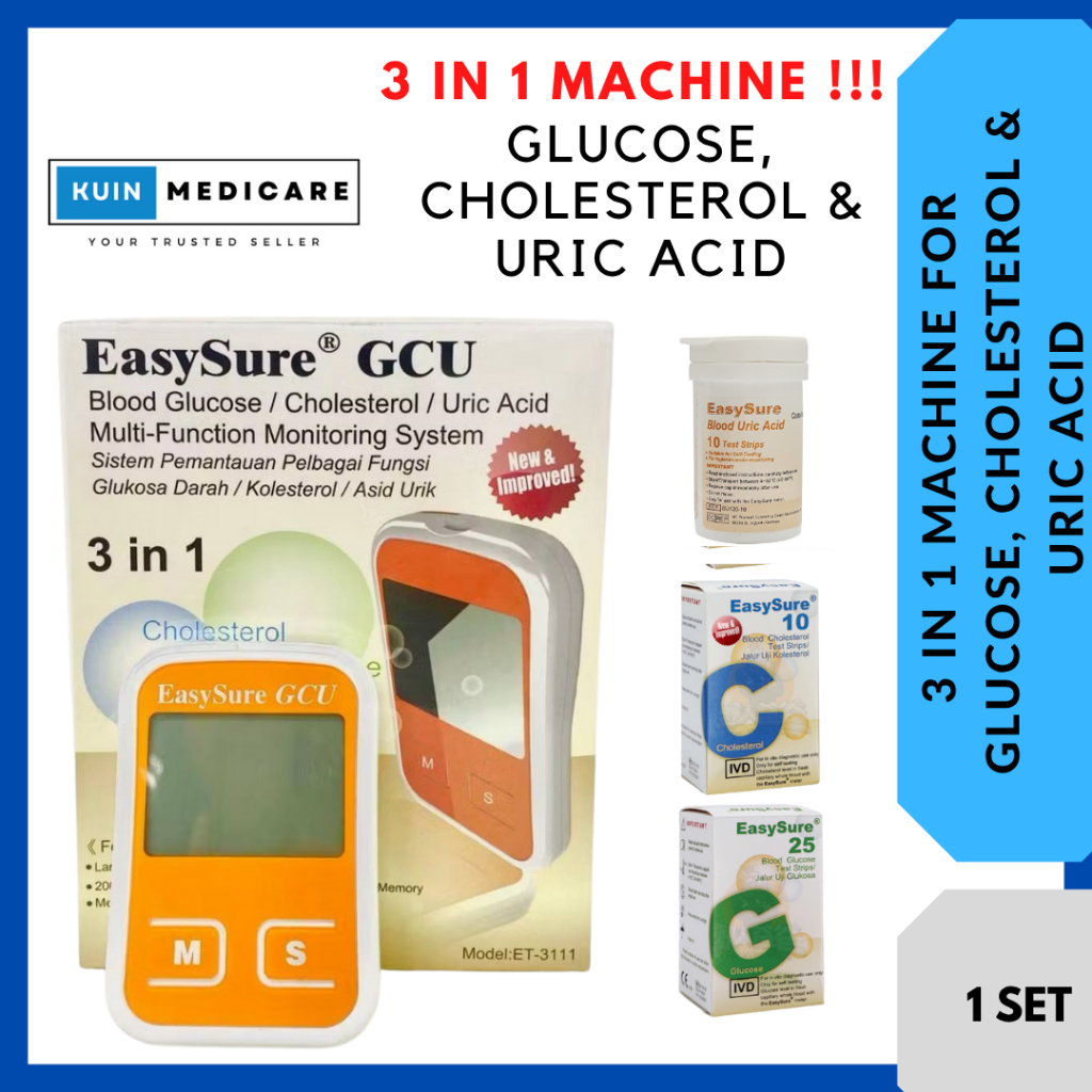 EASYSURE GCU 3 in 1 Meter for Cholesterol Glucose & Uric Acid Test Kit ...