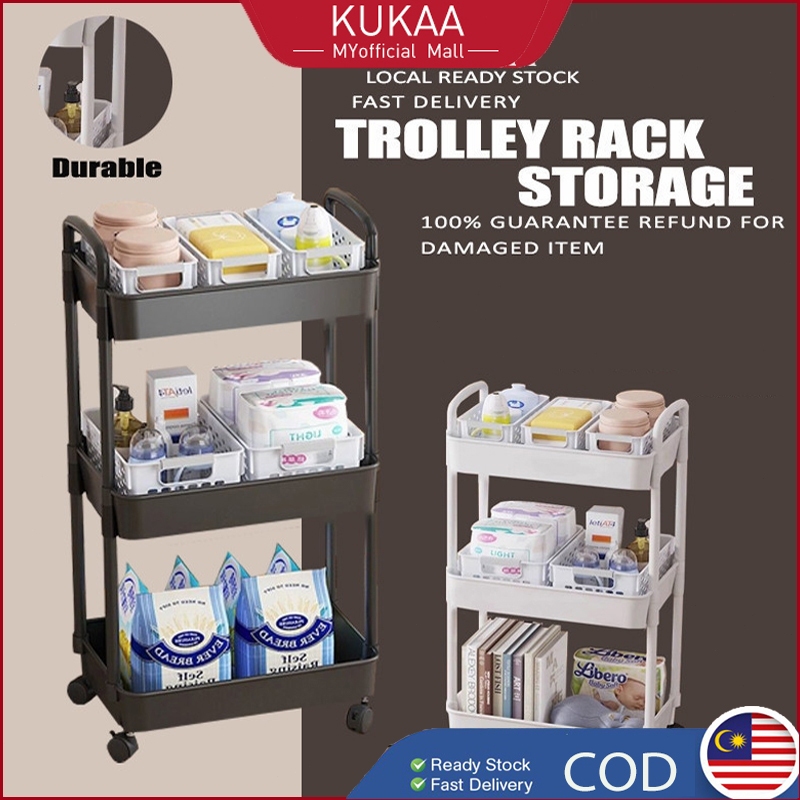 Kukaa Trolley Rack Storage 3 Tier Trolley Kitchen Rack With Wheel Troli ...