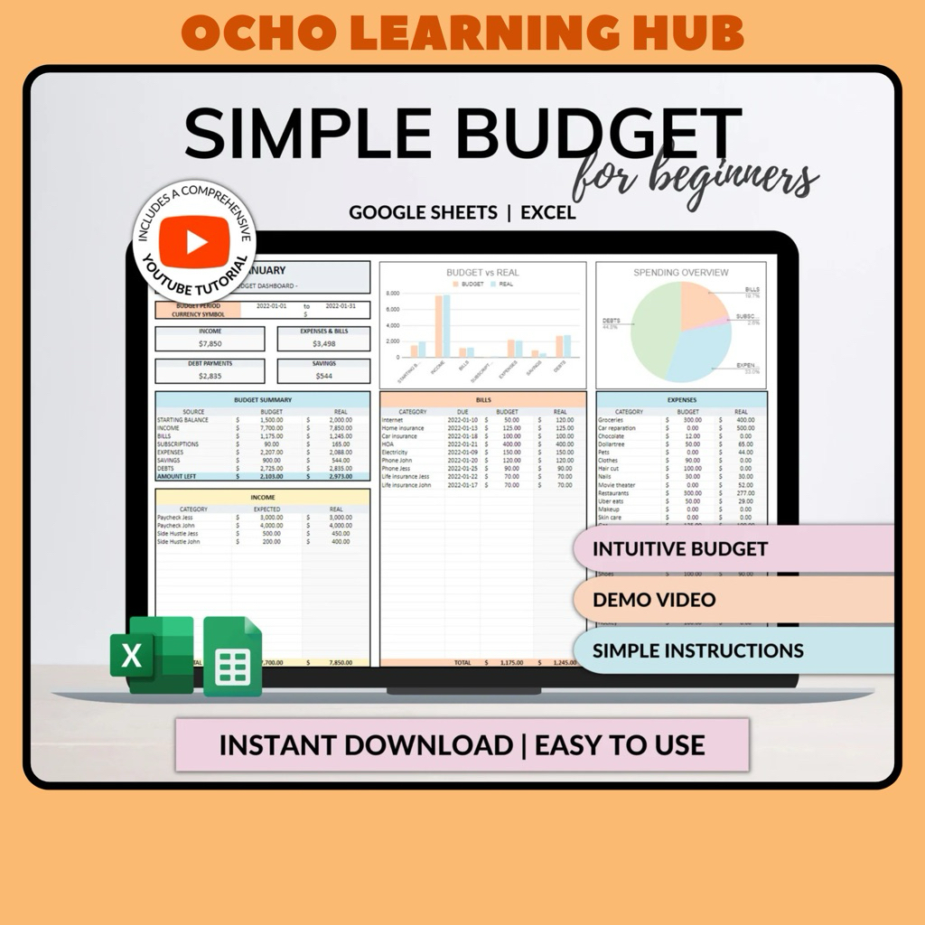 Simple Budget Planner Monthly Budget Spreadsheet Google Sheets | Excel ...
