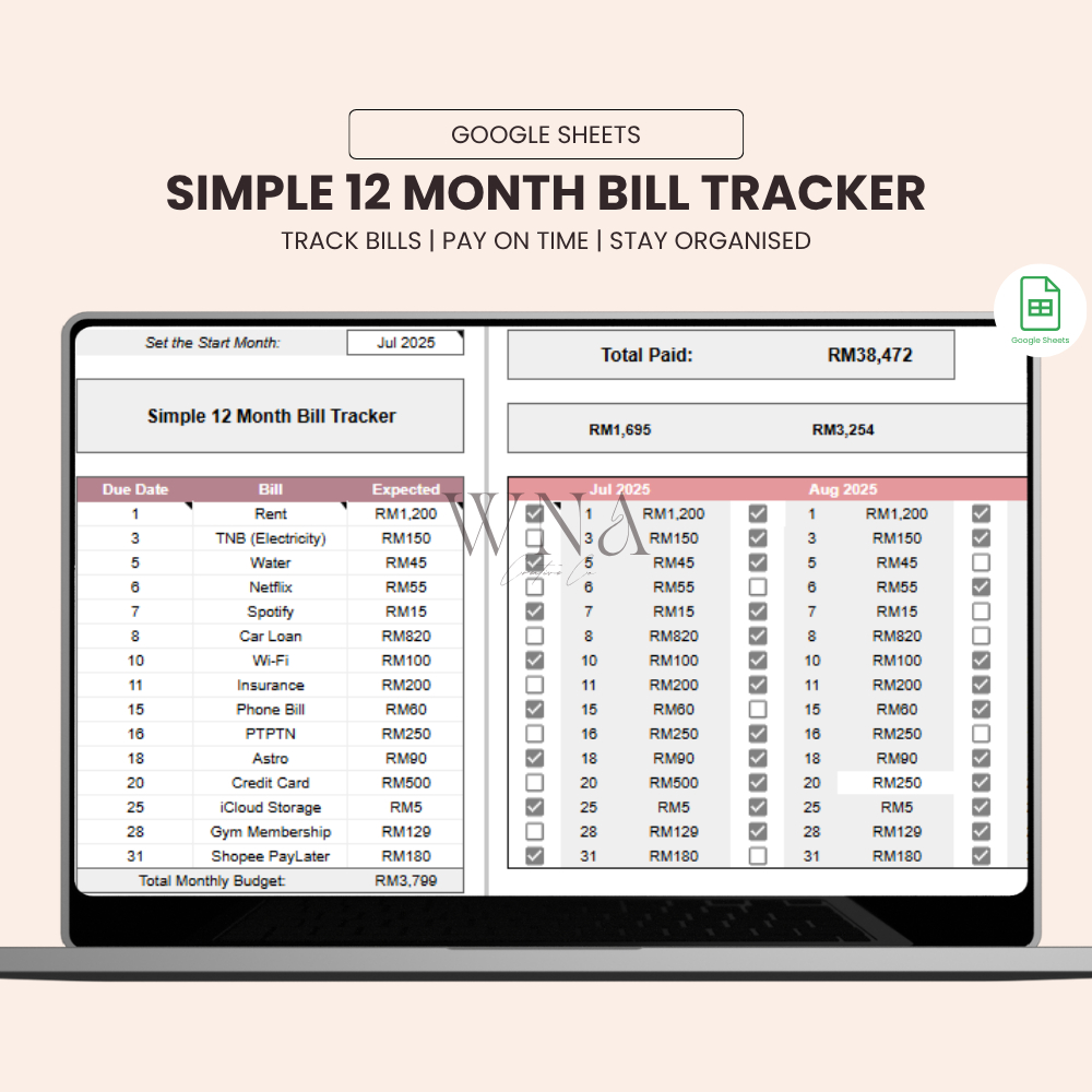Simple 12 Month Bill Tracker | Google Sheets Template | Auto Monthly ...