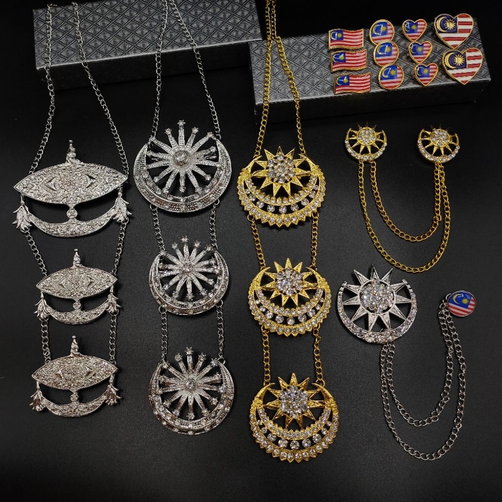 Merdeka Kerongsang Bulan Bintang Dokoh Pin Berantai Brooch Muslimah Pin ...