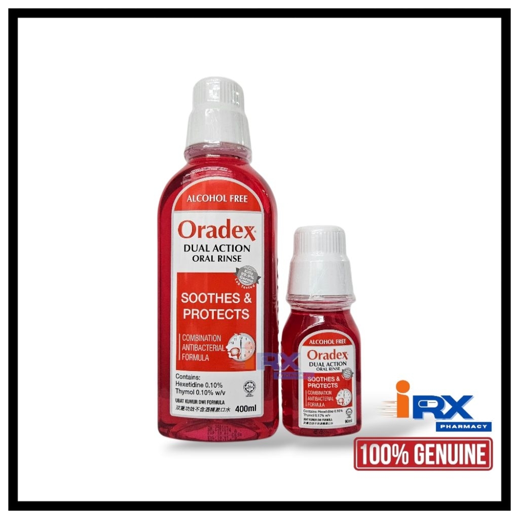 Oradex Dual Action Oral Rinse Soothes & Protects Mouthwash 90ml/400ml ...