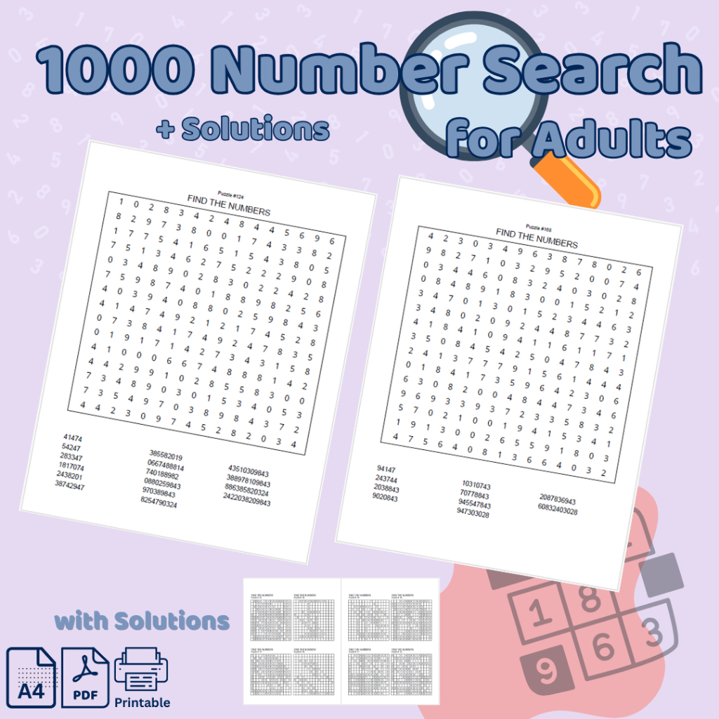 1000 Number Search With Solutions For adults kids (PDF) Hobbies Relief ...