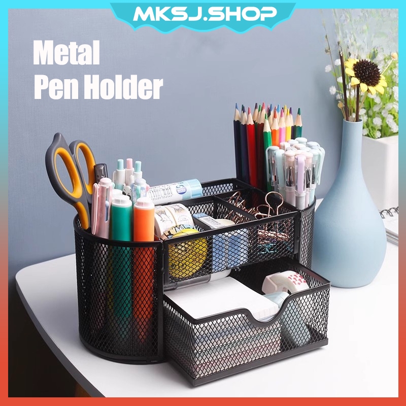 Pen Holder Desktop Rack Office Desk Stationery Organizer Metal Mesh ...