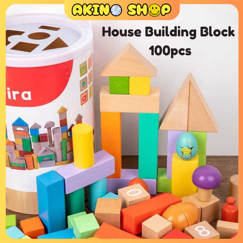 🔥Premium Quality🔥House Building Block 100 pcs Multi Colour Wooden ...