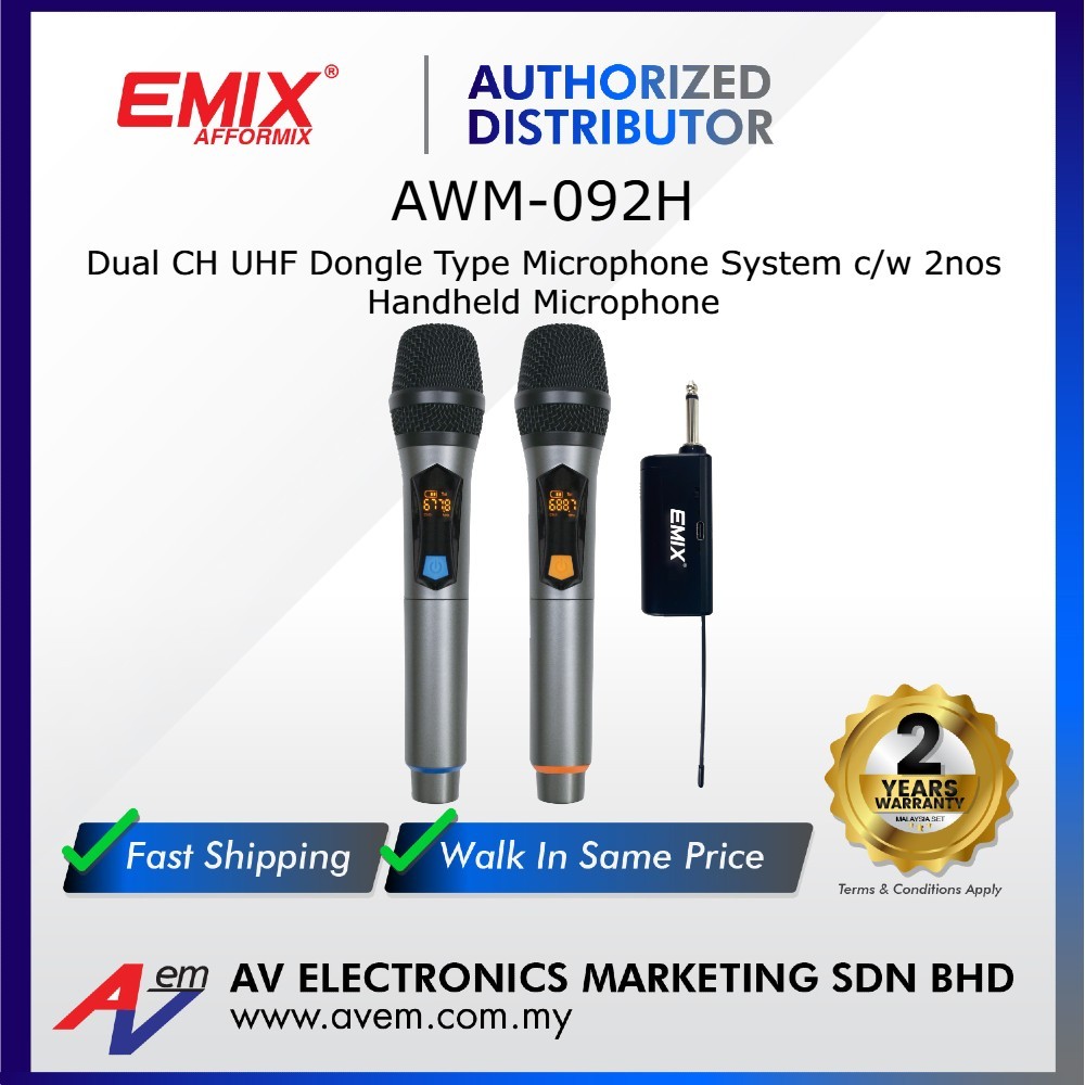 Emix AWM-092H 2CH UHF Dongle Microphone System c/w 2nos Handheld ...