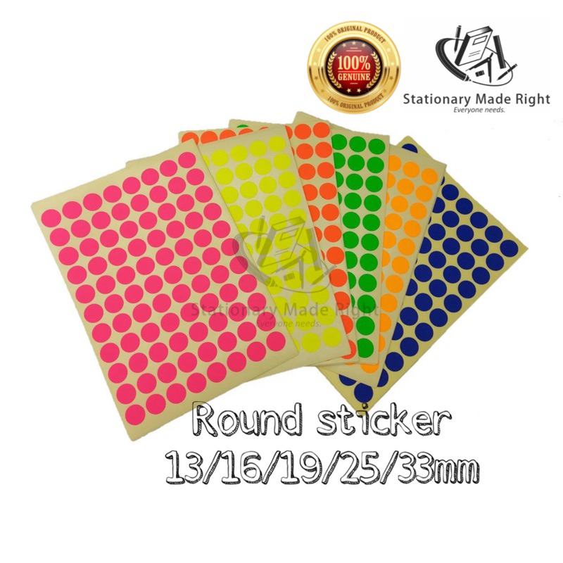 【ROUND STICKER】 FLUORESCENT COLOUR 13mm / 16mm / 19mm / 25mm / 33mm ...