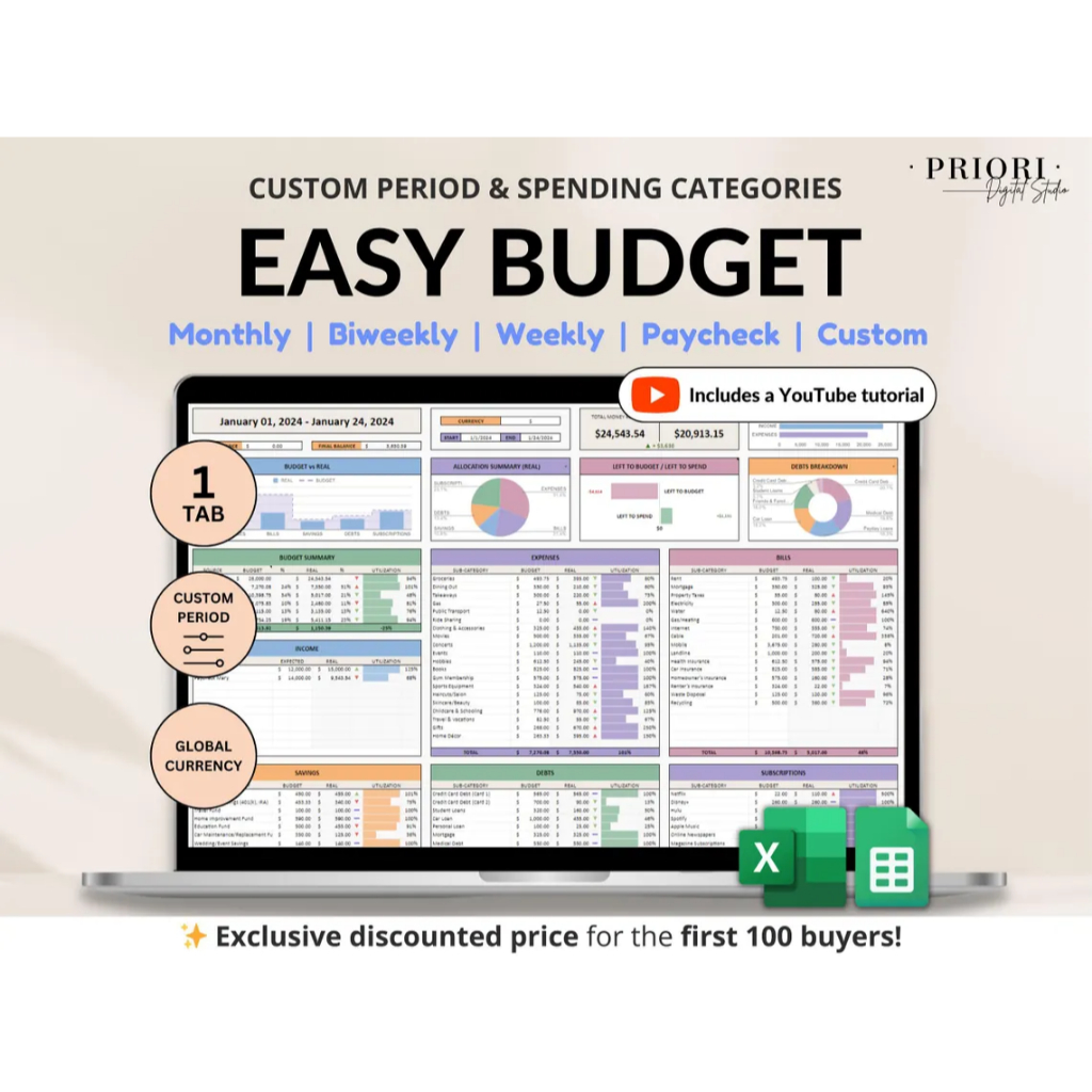 Easy Budget Planner for Google Sheets Paycheck Spreadsheet Excel ...