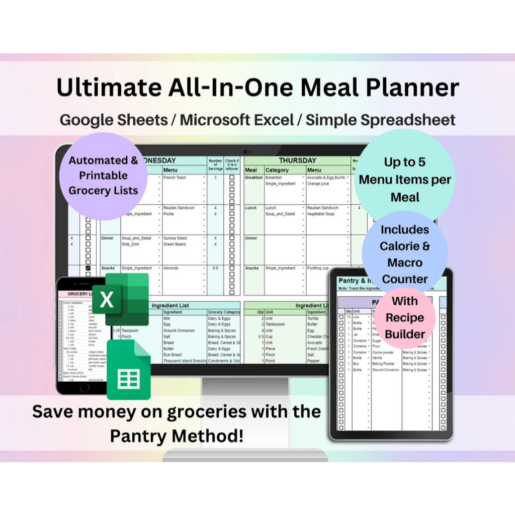 Weekly Meal Planner Spreadsheet Google Sheets Excel Recipe Builder