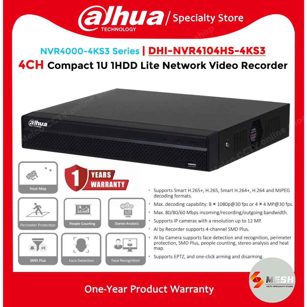DAHUA 4 CH / 4 CHANNEL NVR4104HS-4KS3 COMPACT 1U 4K & H.265 LITE NVR ...