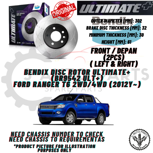 FORD RANGER T6 / T7 / T8 (FRONT 2PCS) 100% BENDIX DISC ROTOR ULTIMATE+ ...
