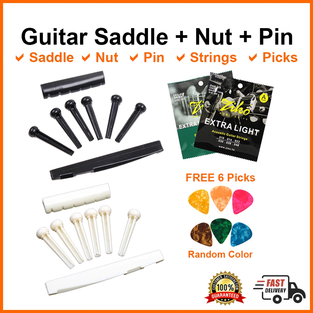 [SET] Acoustic Guitar Saddle 6 Bridge Pin Nut Black/ White Original Set ...