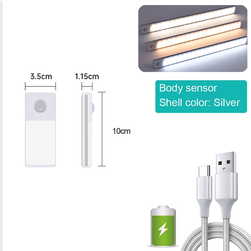 3 Color LED Light Motion Sensor Light Strip USB Type-C Rechargeable ...